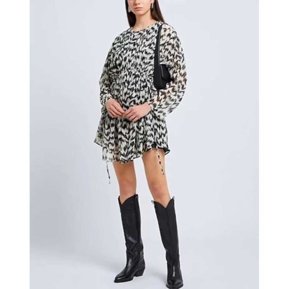 Topshop Oversized Gathered Channel Waisted Printed Mini Dress In B&W Size 4-6